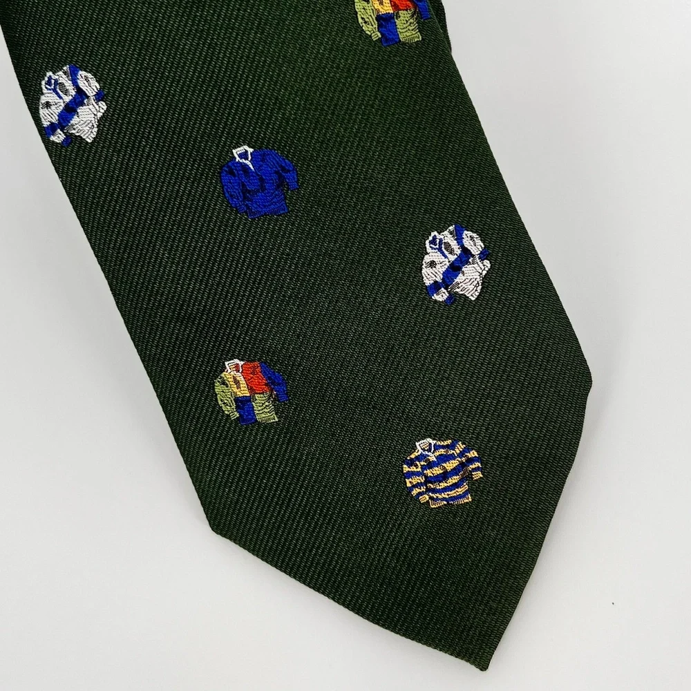 J. Crew Men's Rugby Pattern 100% Silk Tie Green Ludlow English Hand Stitched USA